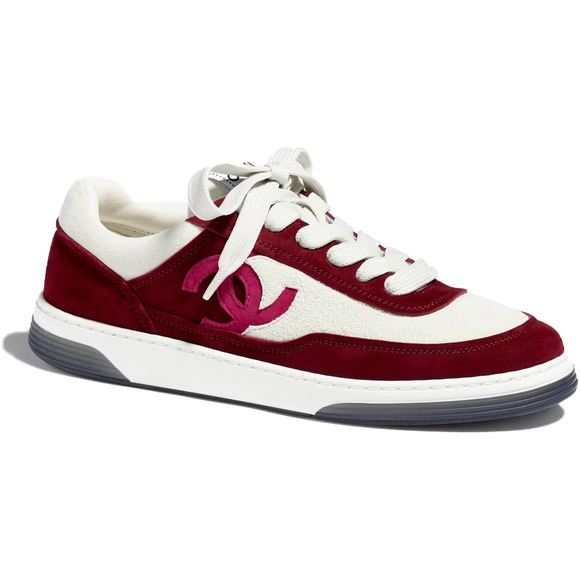Chanel 23P Burgundy Suede White CC Logo Flat Lace Up Runner Trainer Sneaker 37 - Picture 3 of 15